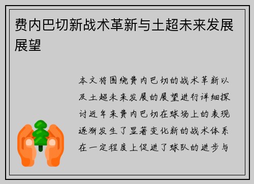 费内巴切新战术革新与土超未来发展展望