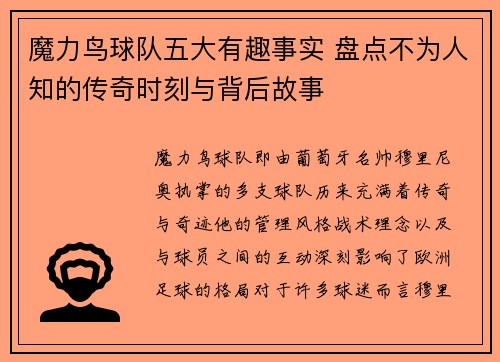 魔力鸟球队五大有趣事实 盘点不为人知的传奇时刻与背后故事 魔力鸟球队五大有趣事实 盘点不为人知的传奇时刻与背后故事
